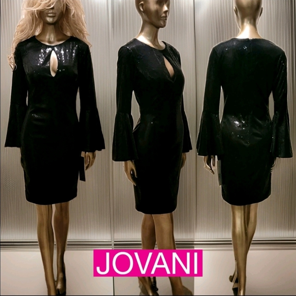 NWT Jovani Chic Black Sequin Bell Sleeve Bodycon Cocktail Dress Sz 8